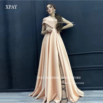 XPAY נצנצים כתף אחת סאטן ארוך שמלות לנשף פיצול דובאי נשים ערביות שמלות ערב רשמית לחגוג אירוע השמלה 2023